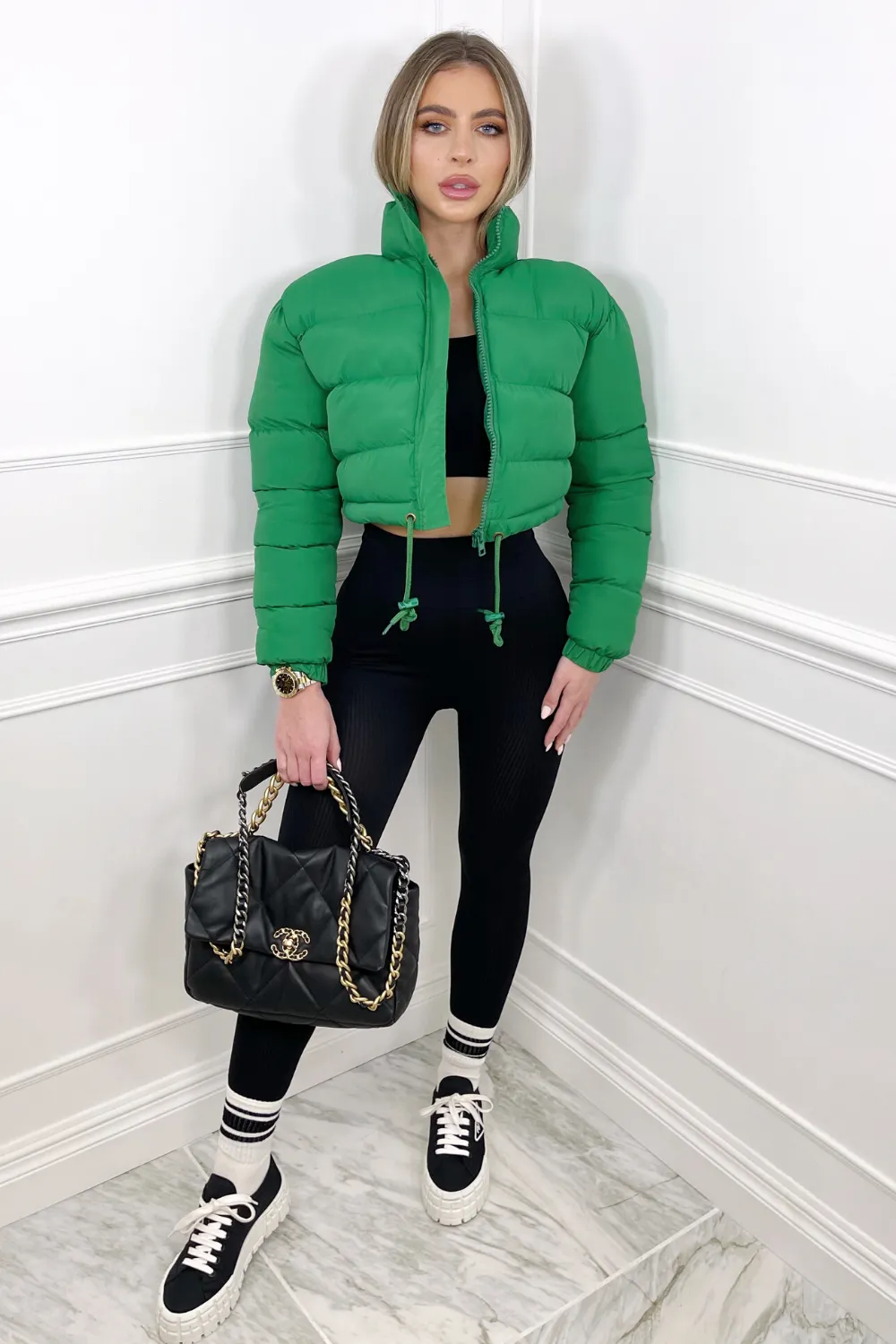 Karmin green crop puffer coat