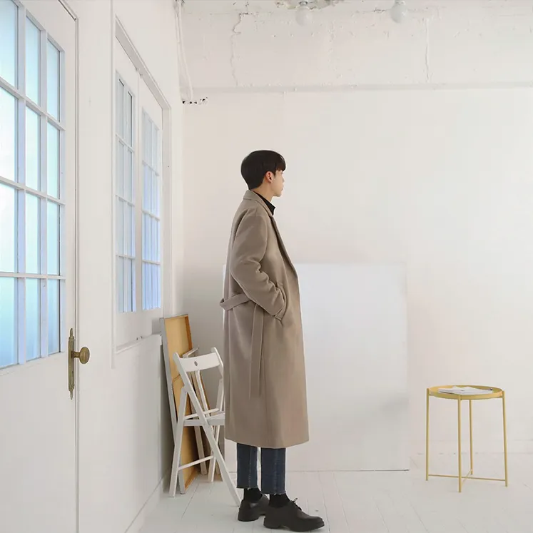 [Korean Style] Khaki Turn-down Collar Long Coats