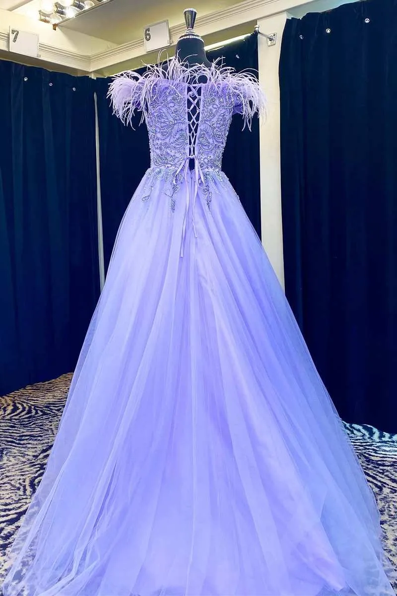 Lavender Feathers A-line Off-the-shoulder Prom Dress Beaded Formal Dress#QWE005