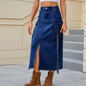 Light Blue Distressed Jeans Skirts Women Fashion Streetwear Long Denim Skirt Korean Style Jean Slit Midi 2024 Vintage Pants