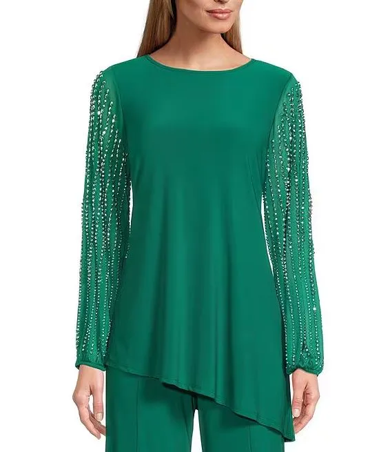 Marina Boat Neck Embellished Chiffon Long Sleeve Asymmetrical Hem and Elastic Mid Waist Wide Leg ( Plus Size )