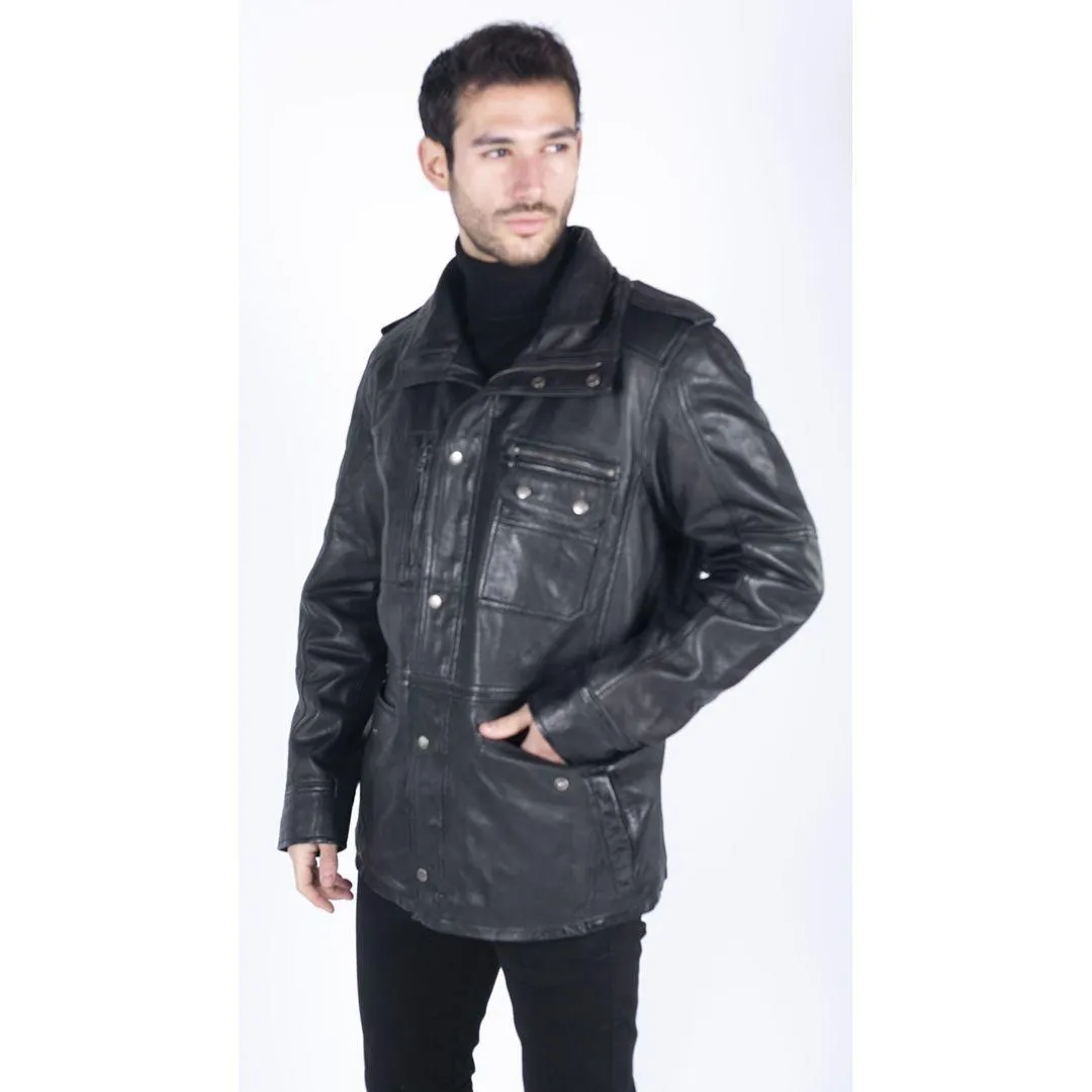 Mens 3/4 Tailored Fit Safari Parka Jacket Genuine Real Leather Military Black