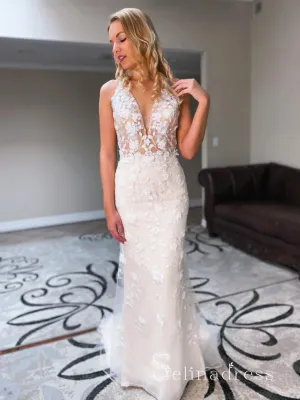 Mermaid Halter V neck 3D Lace Rustice Wedding Dresses CBD492