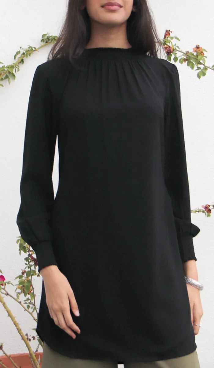 Mishal Essential Long Smocked Modest Tunic - Black