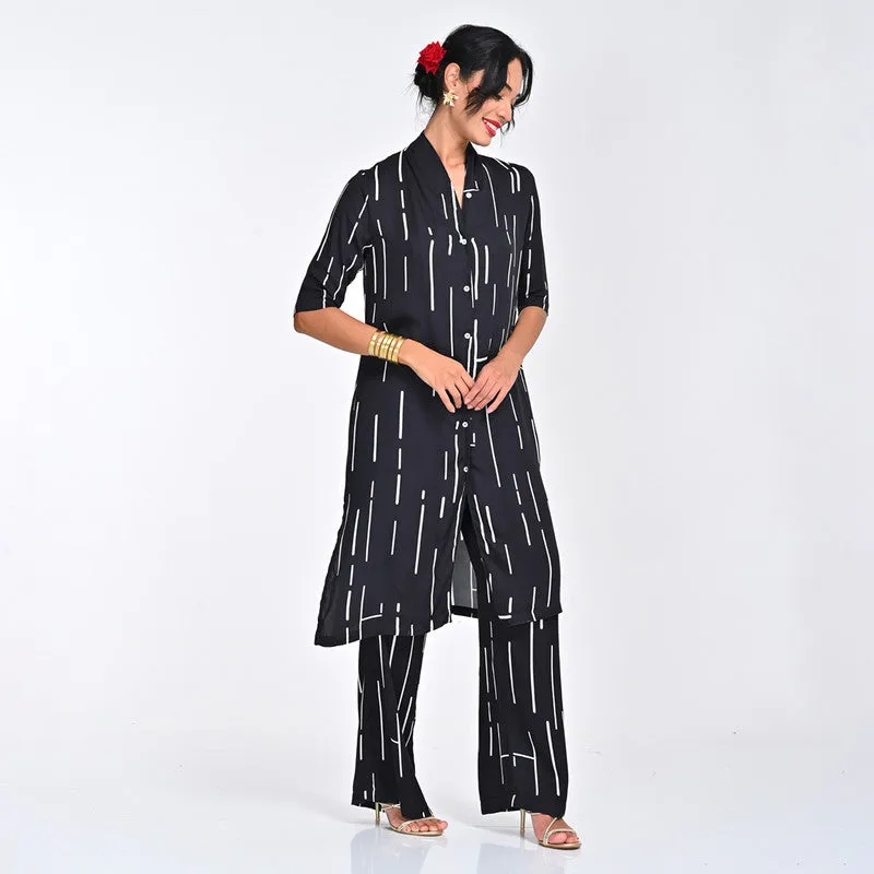 Modal Printed Co Ord Ord For Women | Shirt & Trouser | Draped Neck | Black