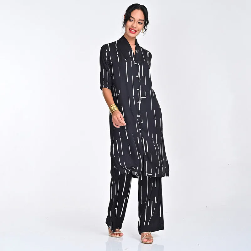 Modal Printed Co Ord Ord For Women | Shirt & Trouser | Draped Neck | Black