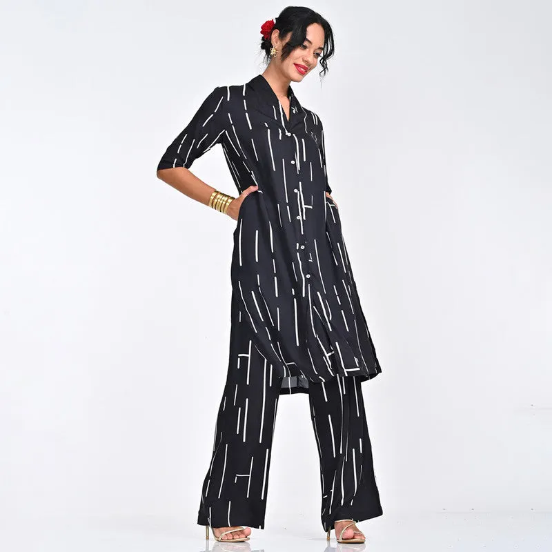 Modal Printed Co Ord Ord For Women | Shirt & Trouser | Draped Neck | Black