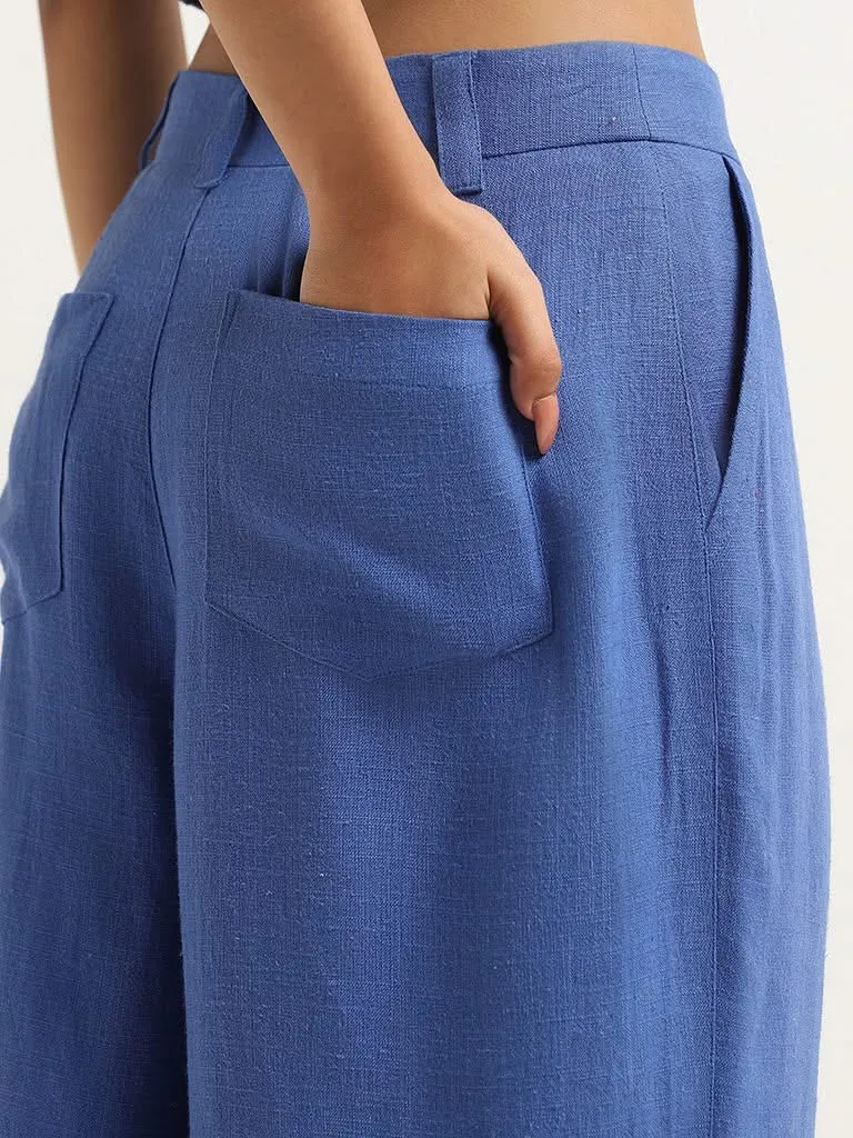 Nuon Blue Blended Linen Wide-Leg Pants