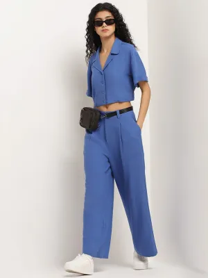 Nuon Blue Blended Linen Wide-Leg Pants