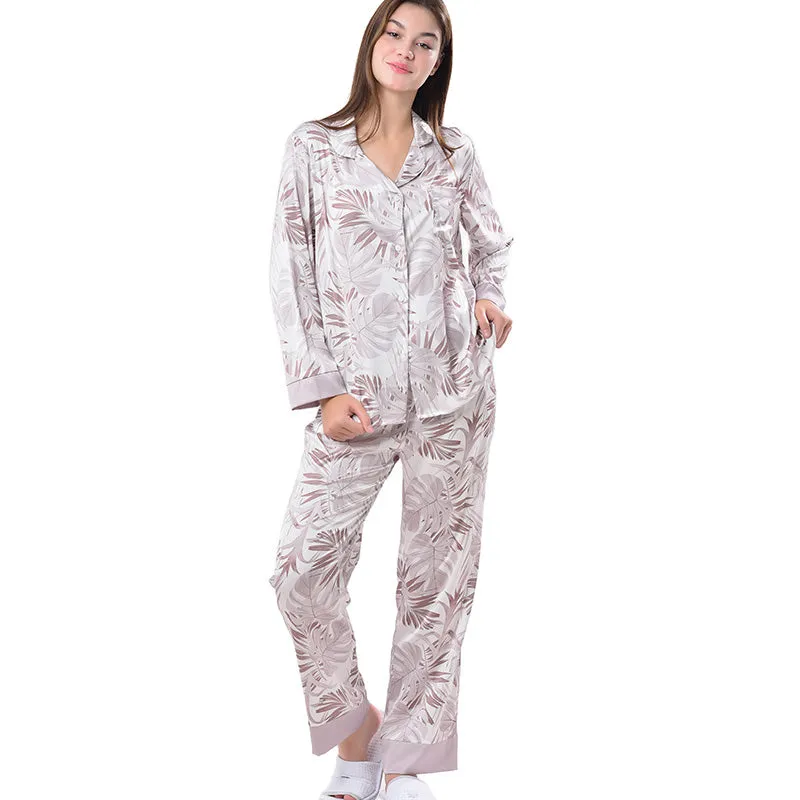 Pajamas Set Long sleeve and Pants Sleepwear Soft and Comfy Button Down Loungewear Relaxed Fit Big Leave Brown