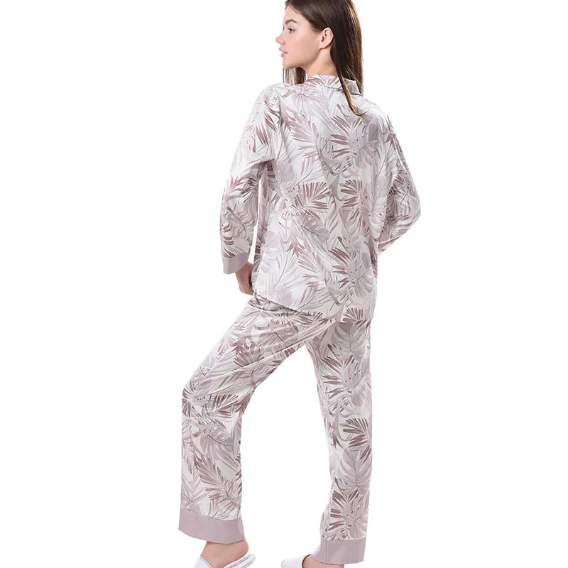 Pajamas Set Long sleeve and Pants Sleepwear Soft and Comfy Button Down Loungewear Relaxed Fit Big Leave Brown