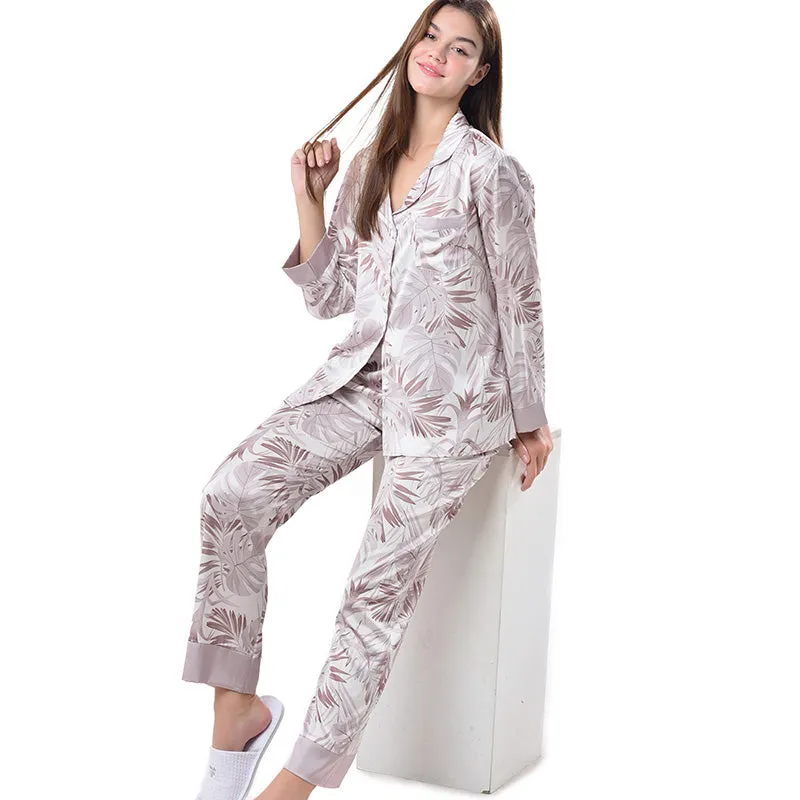 Pajamas Set Long sleeve and Pants Sleepwear Soft and Comfy Button Down Loungewear Relaxed Fit Big Leave Brown