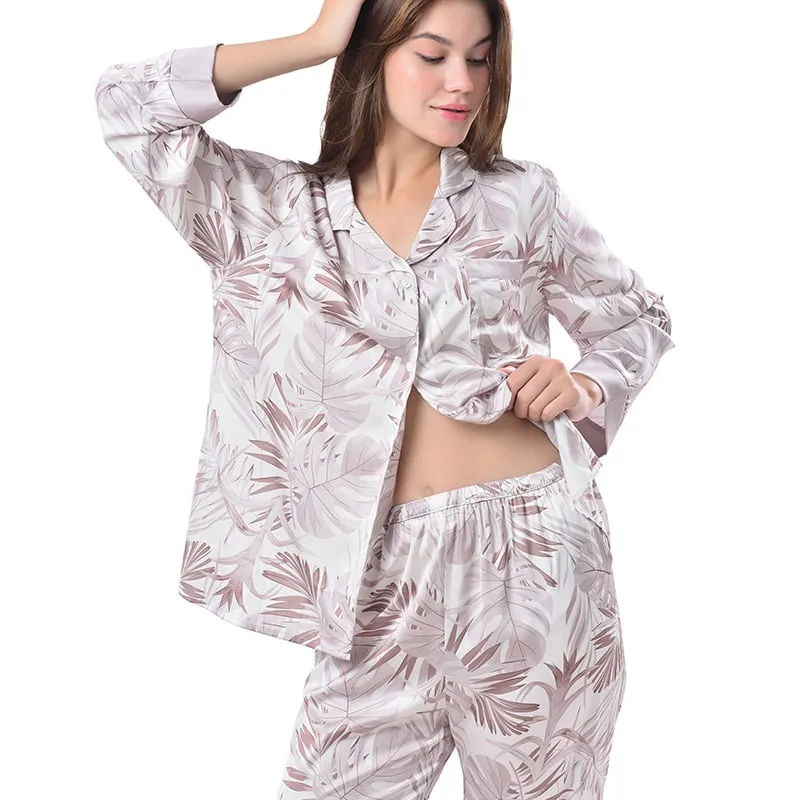 Pajamas Set Long sleeve and Pants Sleepwear Soft and Comfy Button Down Loungewear Relaxed Fit Big Leave Brown