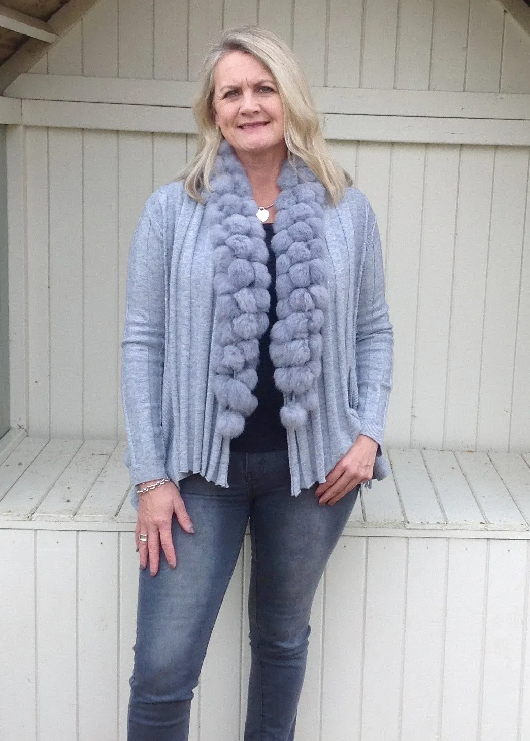 Pom Pom Cardigan in Grey