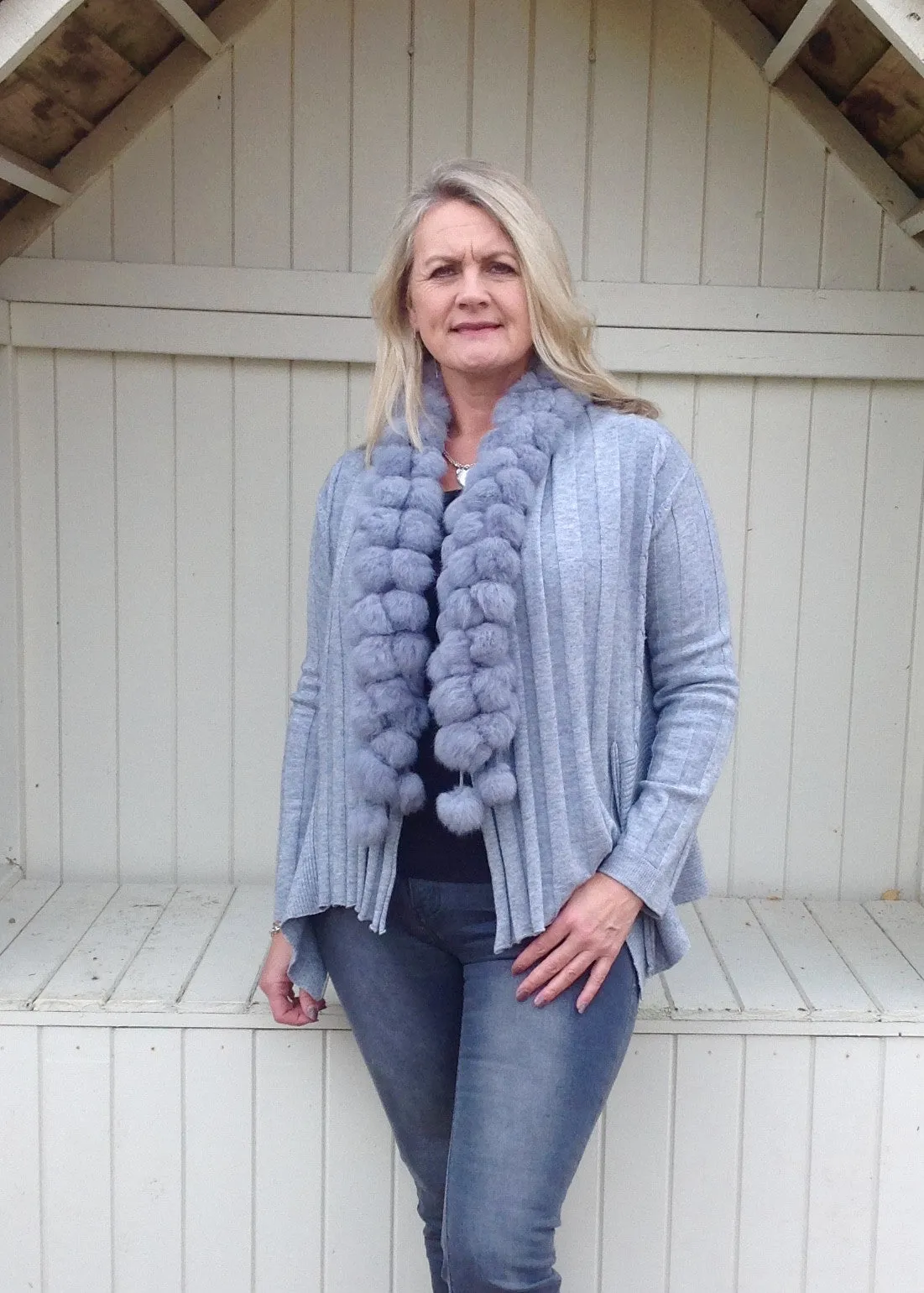 Pom Pom Cardigan in Grey