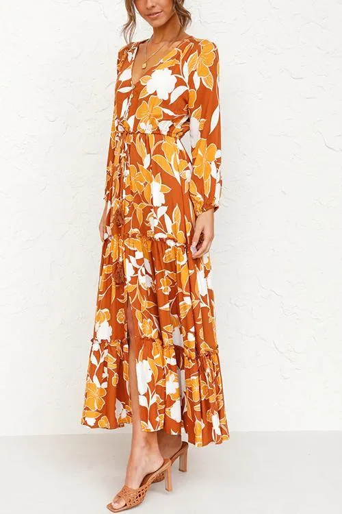 Print Button Tiered Long Sleeve Maxi Dress