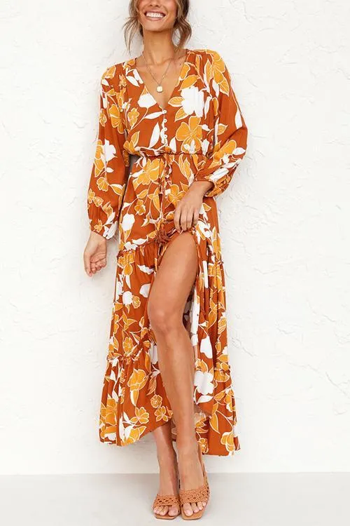 Print Button Tiered Long Sleeve Maxi Dress