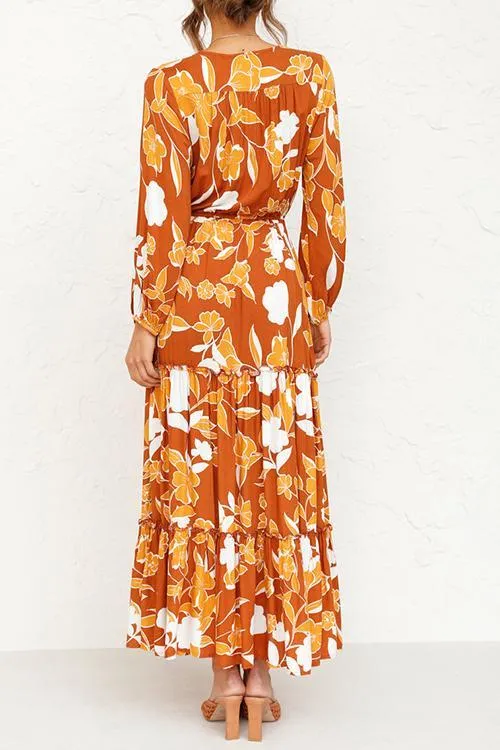 Print Button Tiered Long Sleeve Maxi Dress