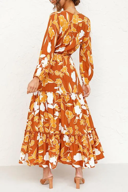 Print Button Tiered Long Sleeve Maxi Dress