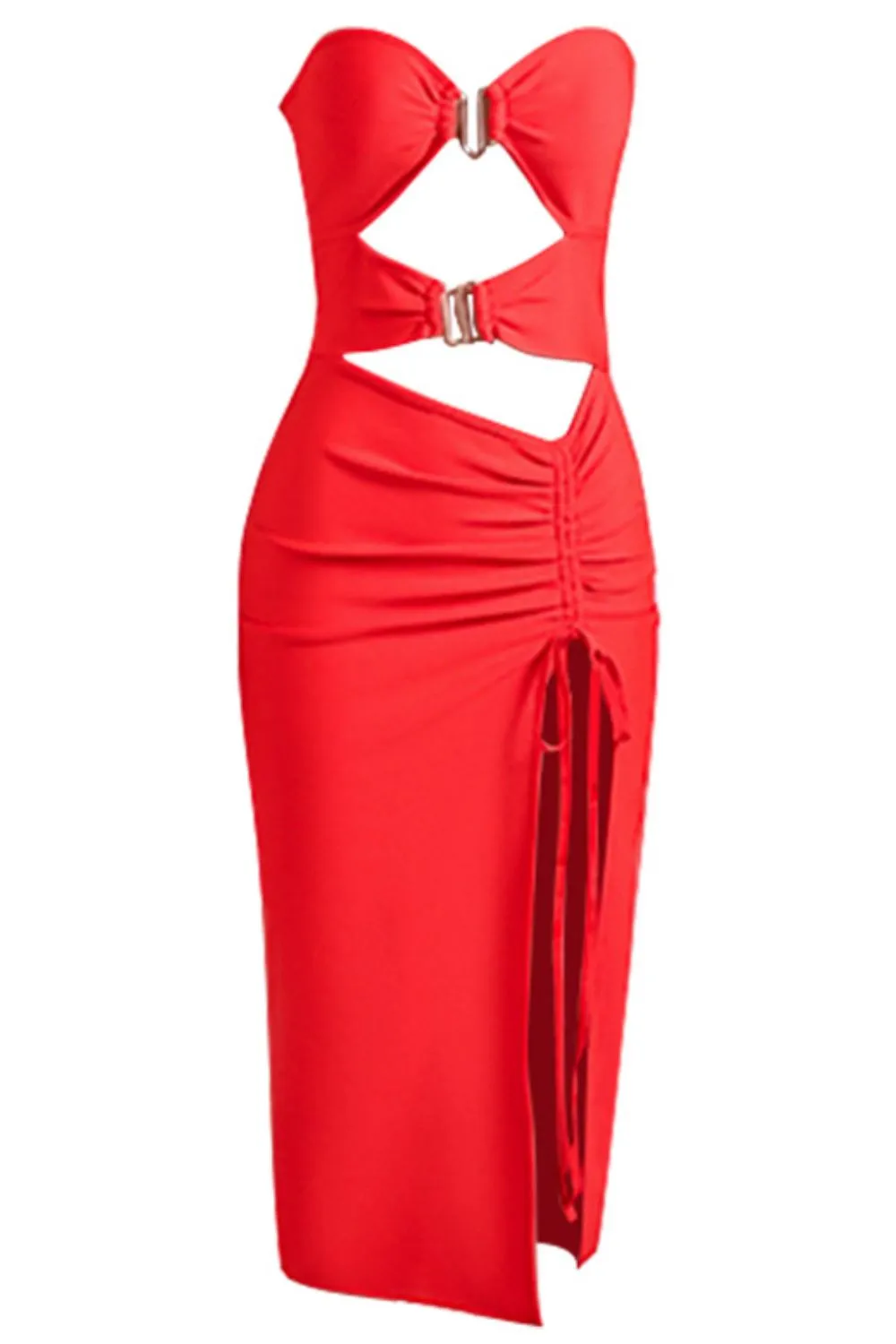 Red Cutout Strapless Drawstring Detail Split Bandage Dress