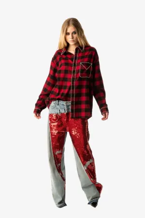 Red Sequin Slant Washed Jeans