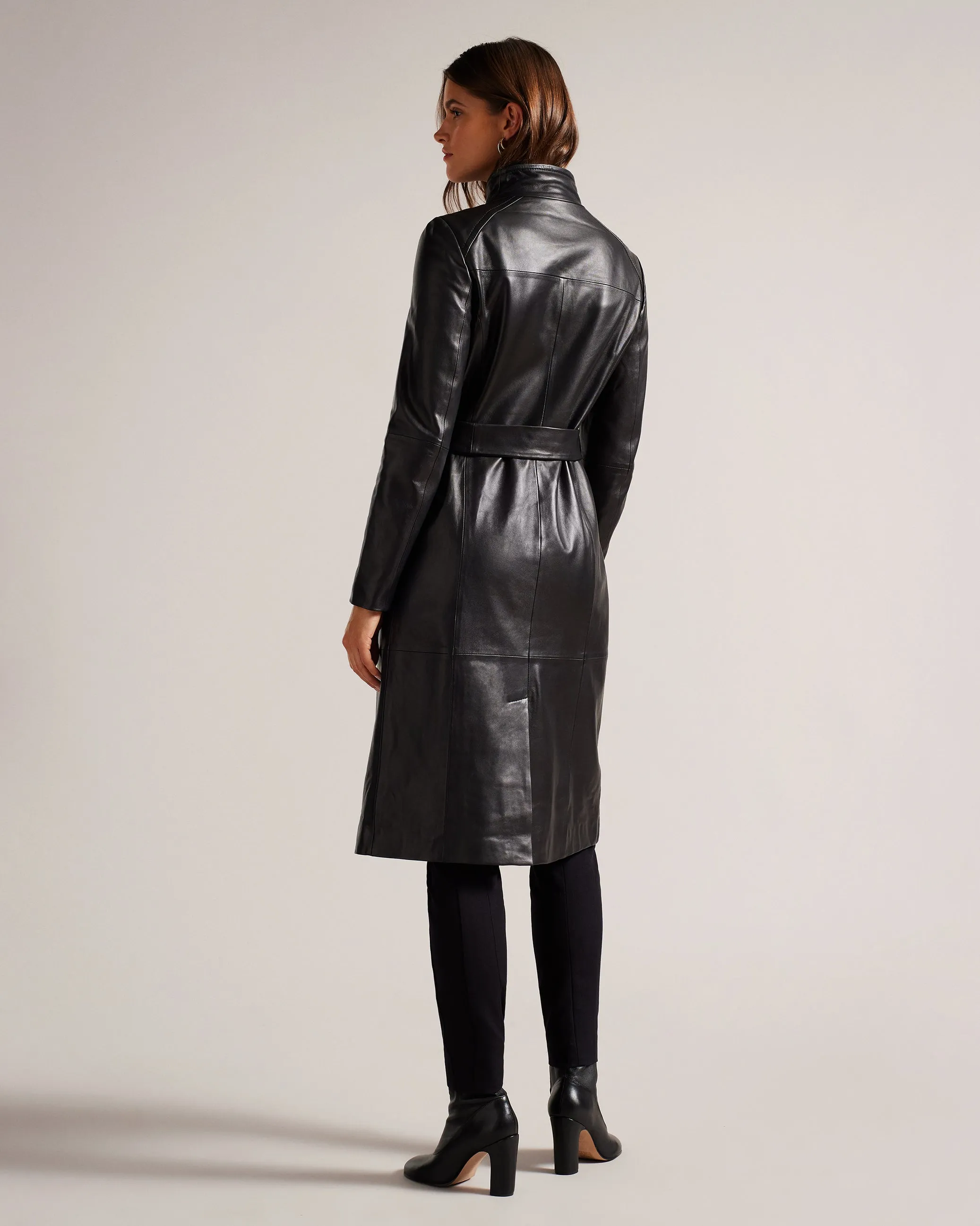 Rossii Mid Length Leather Wrap Coat Black