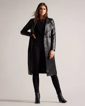 Rossii Mid Length Leather Wrap Coat Black