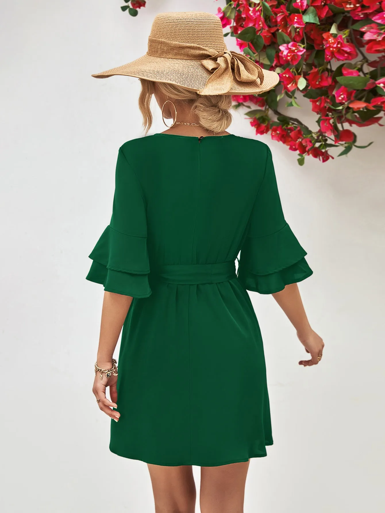 Round Neck Tie Belt Flounce Sleeve Dress