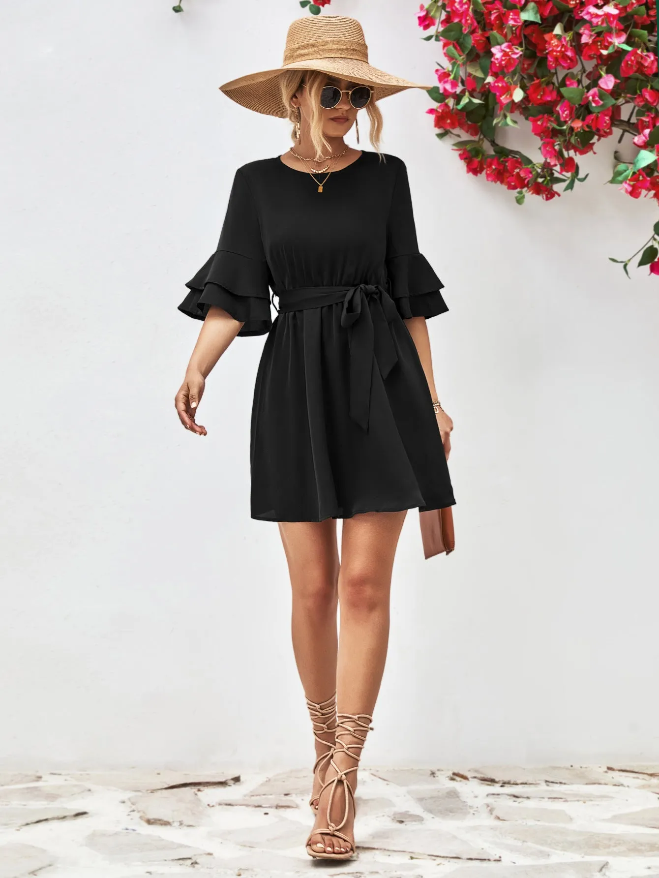 Round Neck Tie Belt Flounce Sleeve Dress