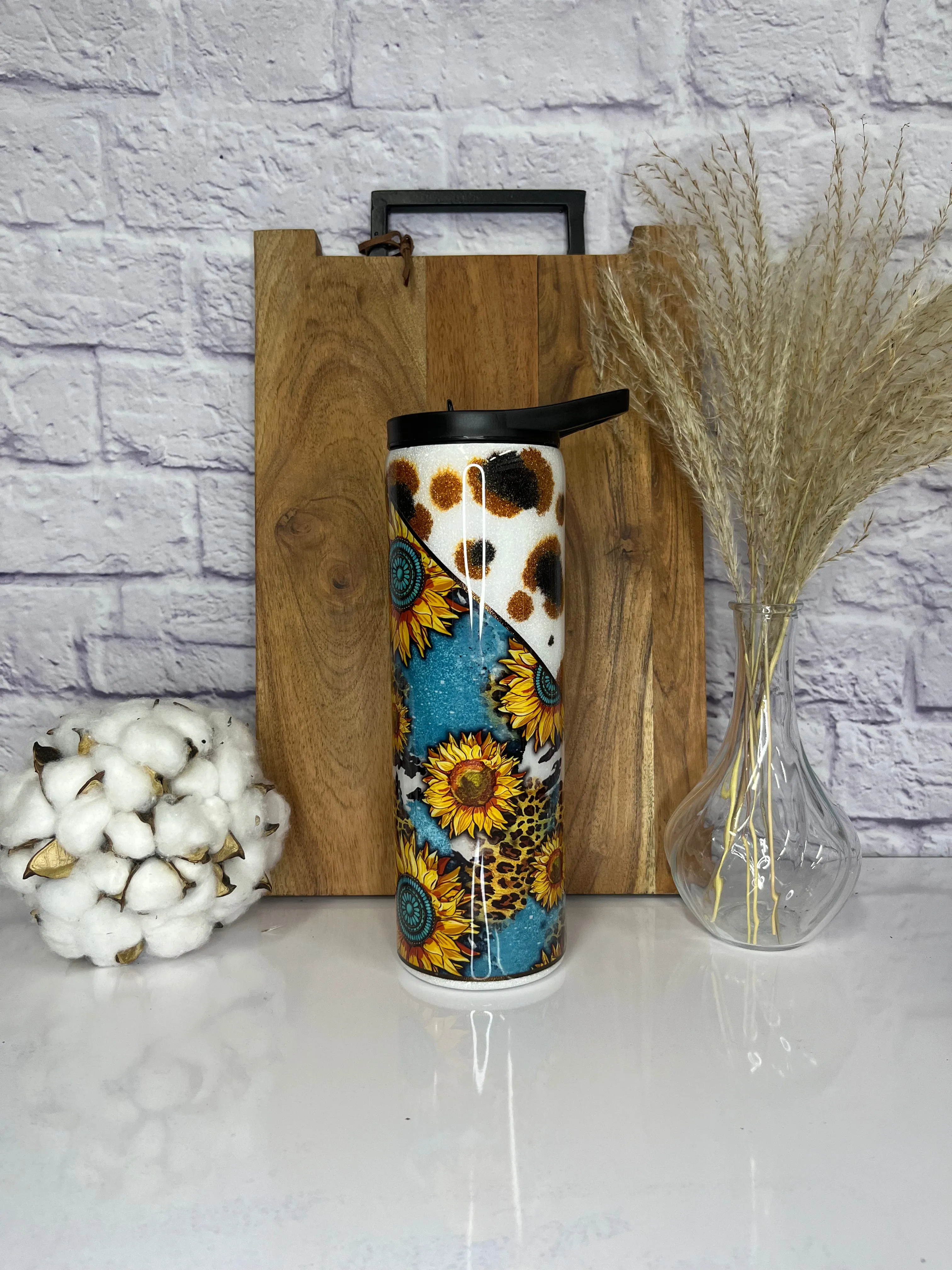 RTS 30oz Sunflower & Cow Hide Glitter Tumbler