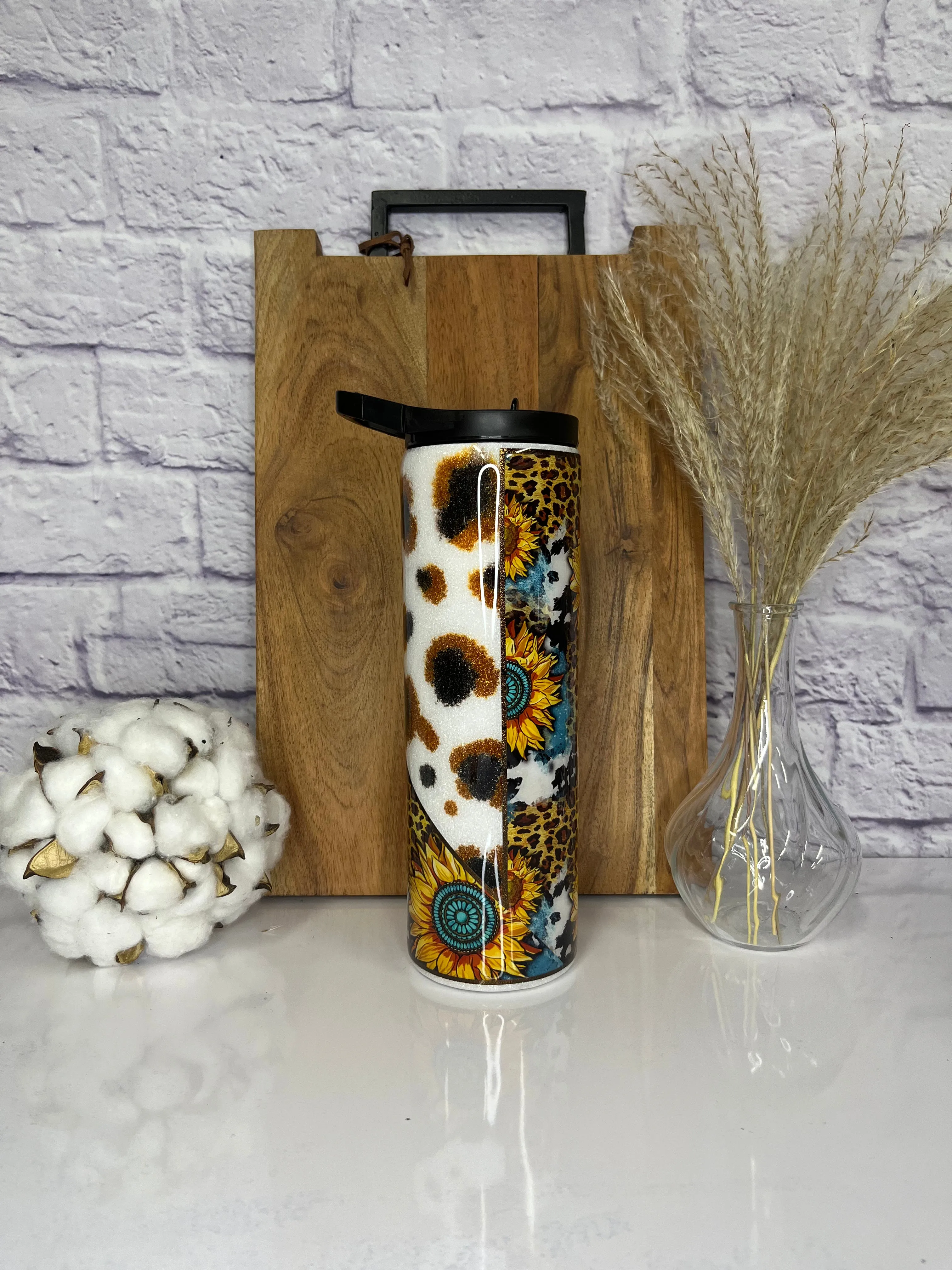 RTS 30oz Sunflower & Cow Hide Glitter Tumbler