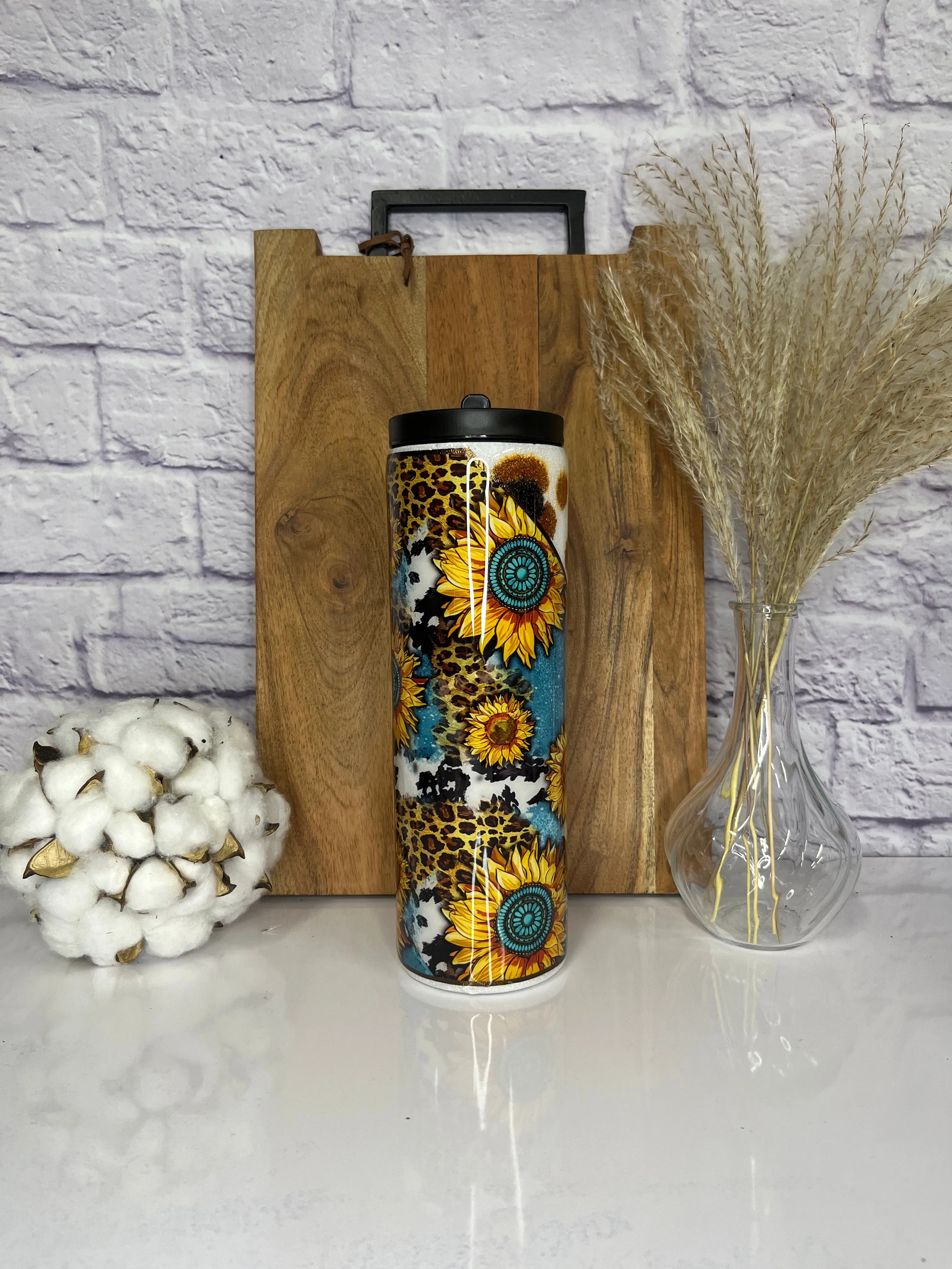 RTS 30oz Sunflower & Cow Hide Glitter Tumbler