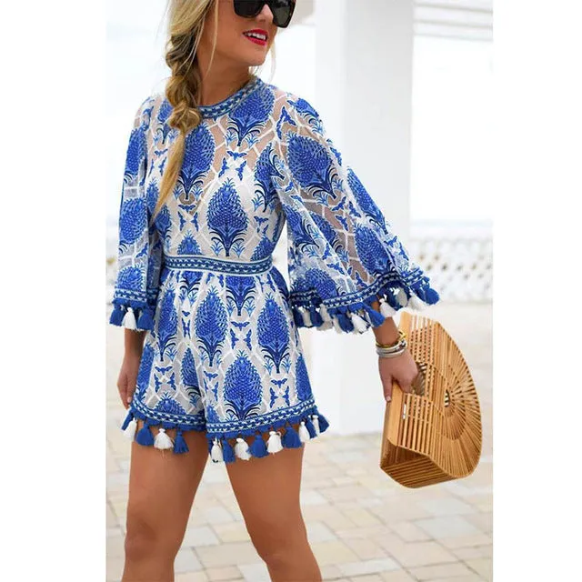 Ruiyige Summer 2017 Women Boho Jumpsuit Playsuits Embroidery Crochet Lace Tassel Beach Overalls Causal Hollow Out Tunic Romper