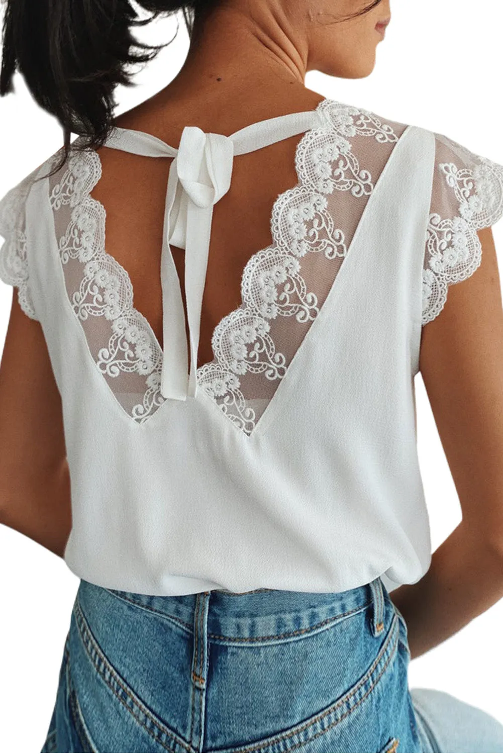 Scallop Lace Tie-Back V-Neck Blouse