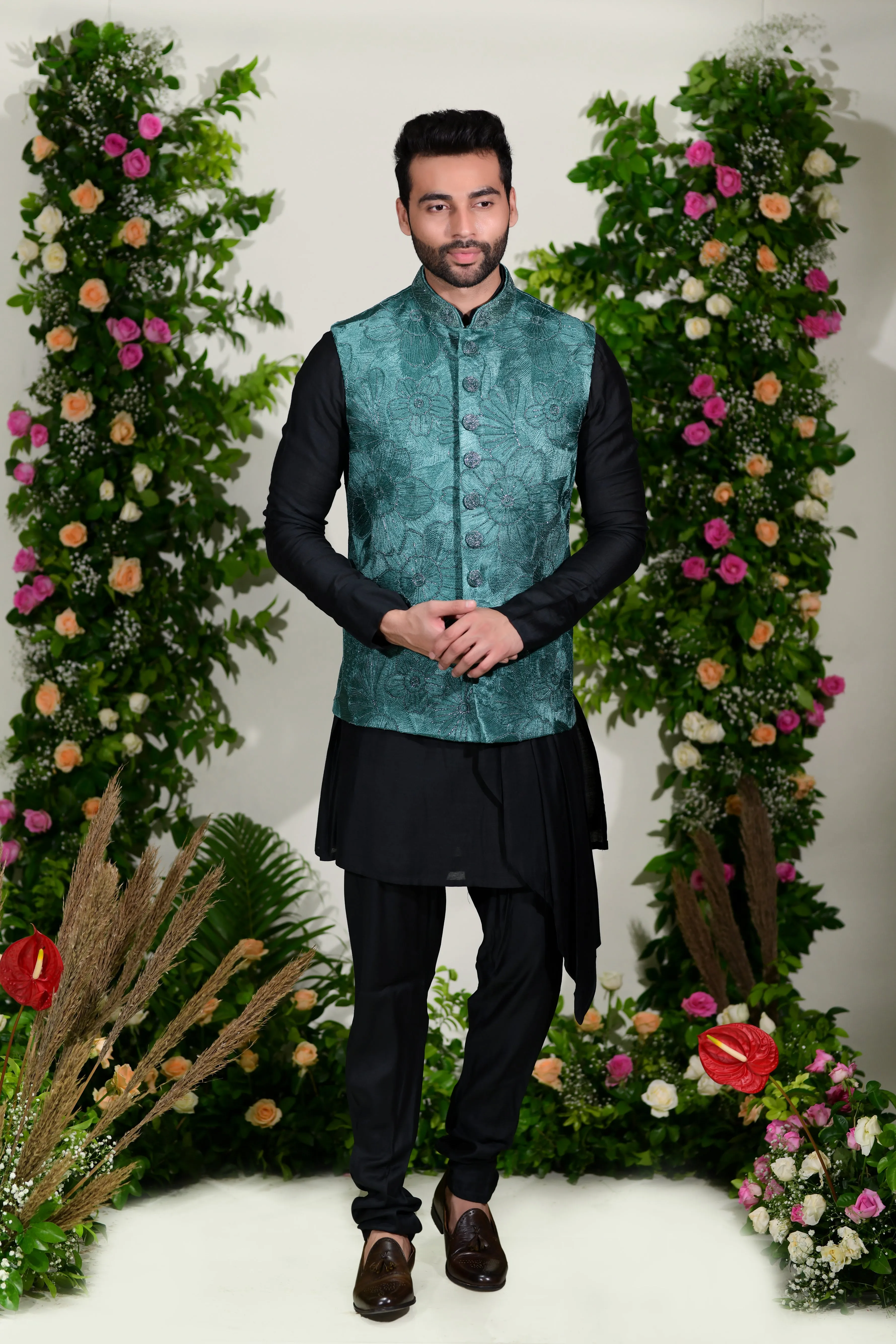 Sea green jacket set in resham and zardoshi work  with modern cuts