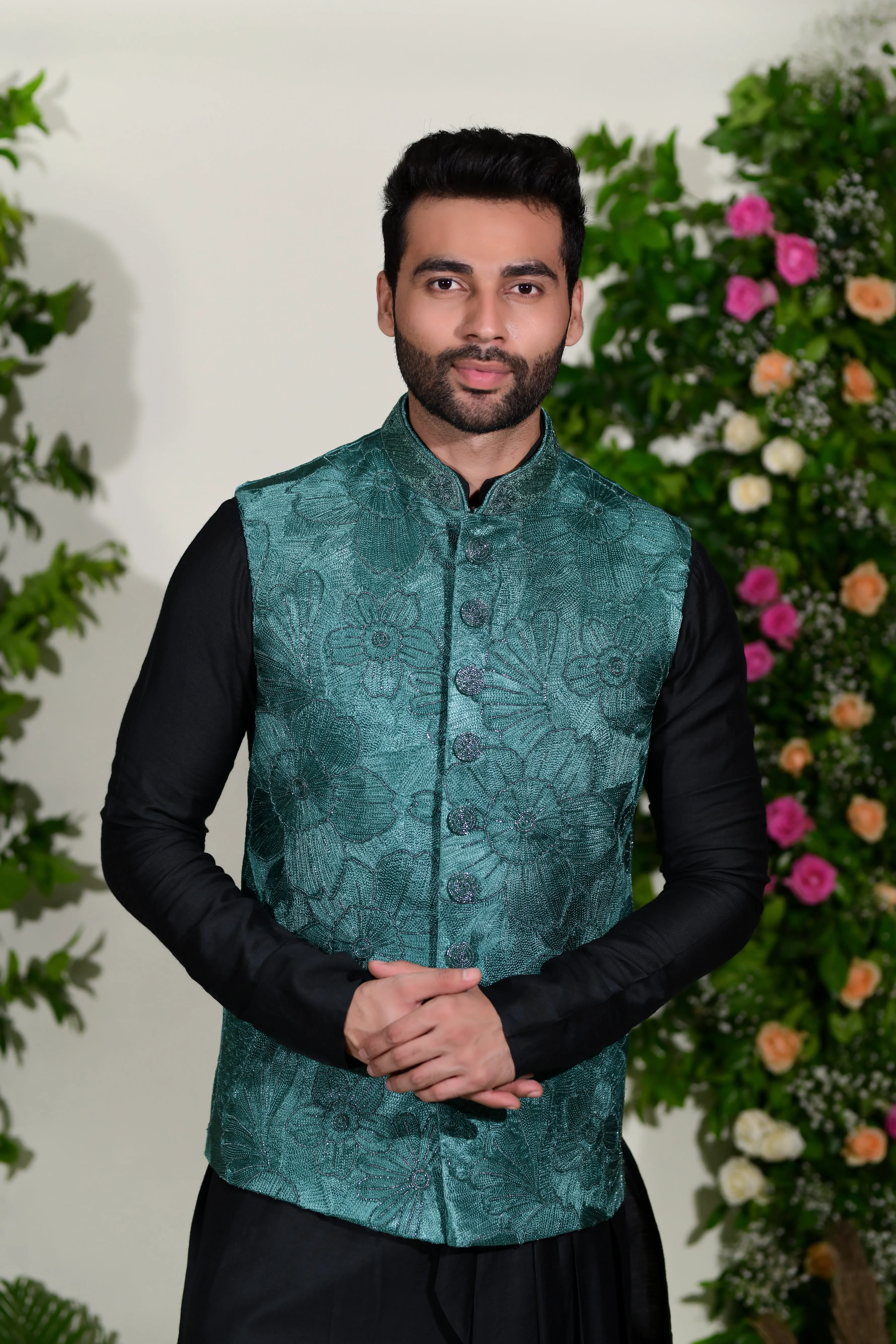 Sea green jacket set in resham and zardoshi work  with modern cuts