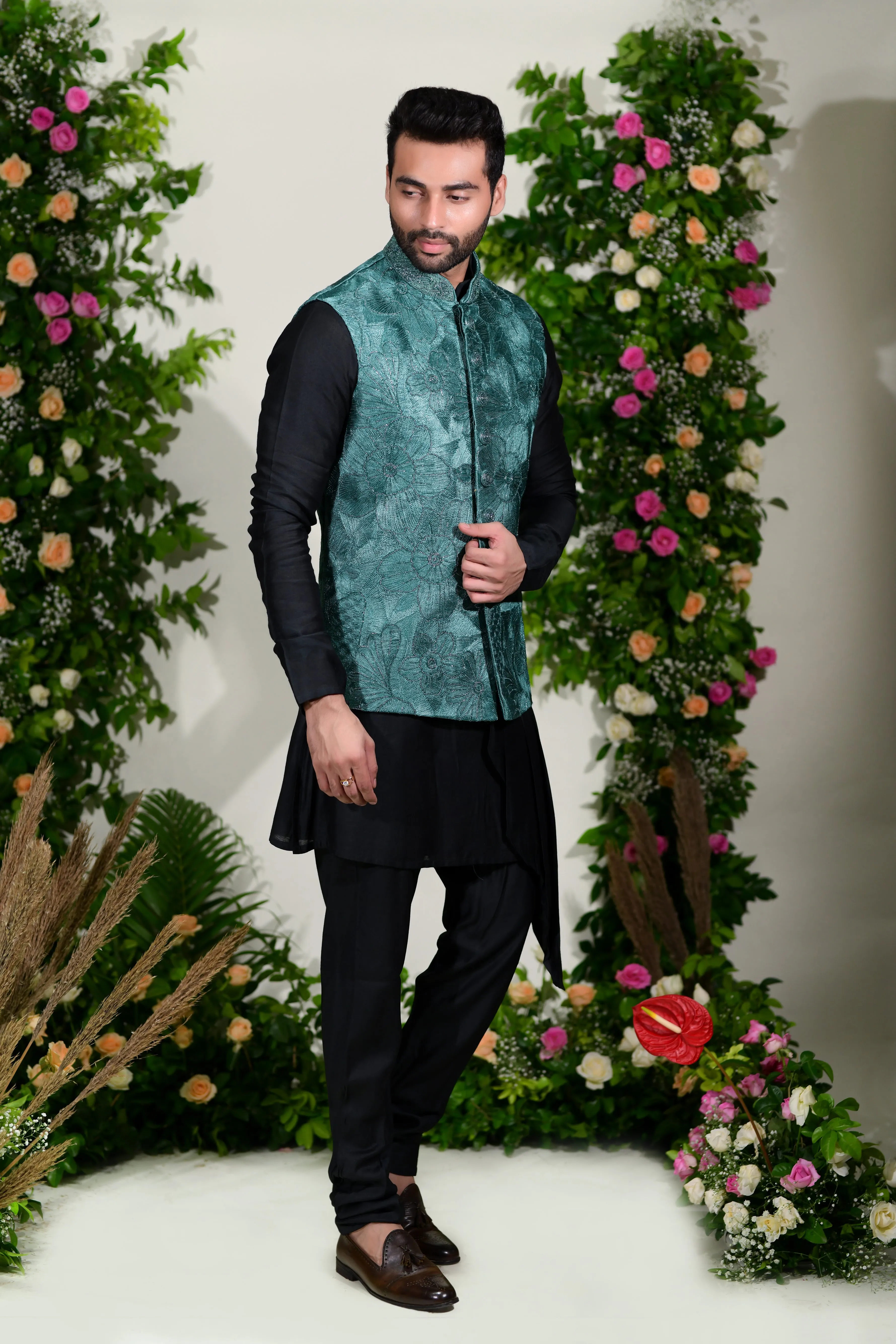 Sea green jacket set in resham and zardoshi work  with modern cuts