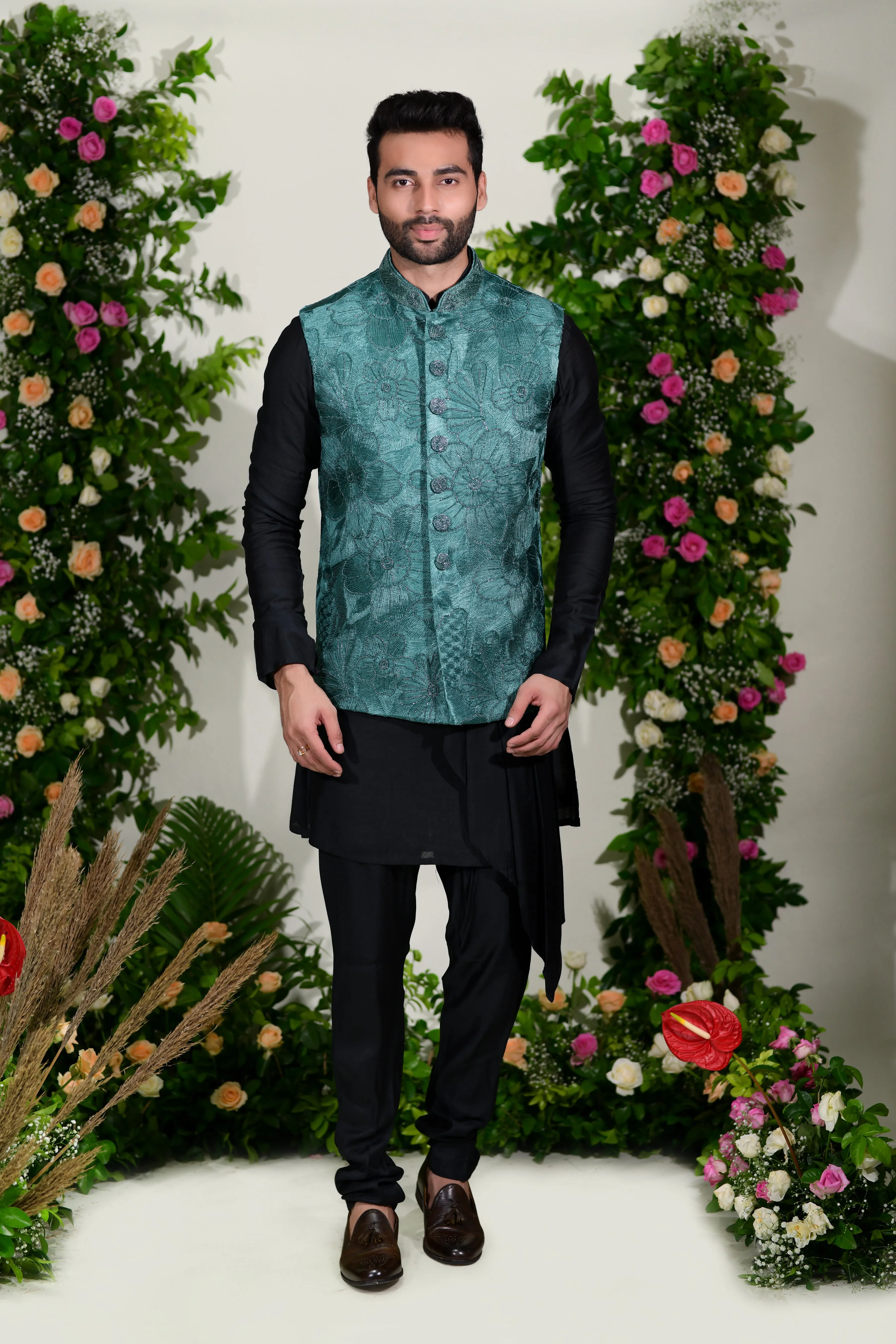 Sea green jacket set in resham and zardoshi work  with modern cuts