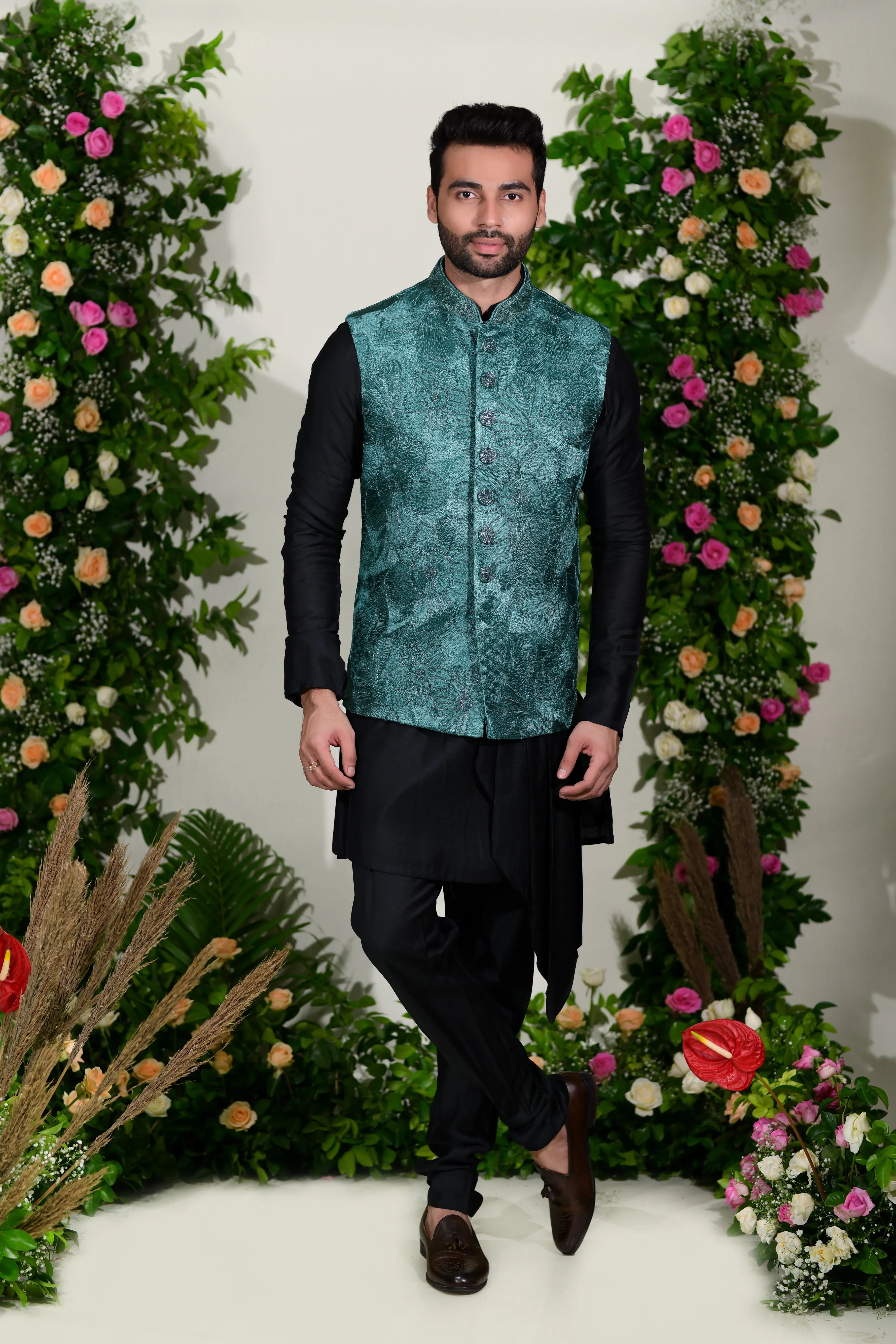 Sea green jacket set in resham and zardoshi work  with modern cuts