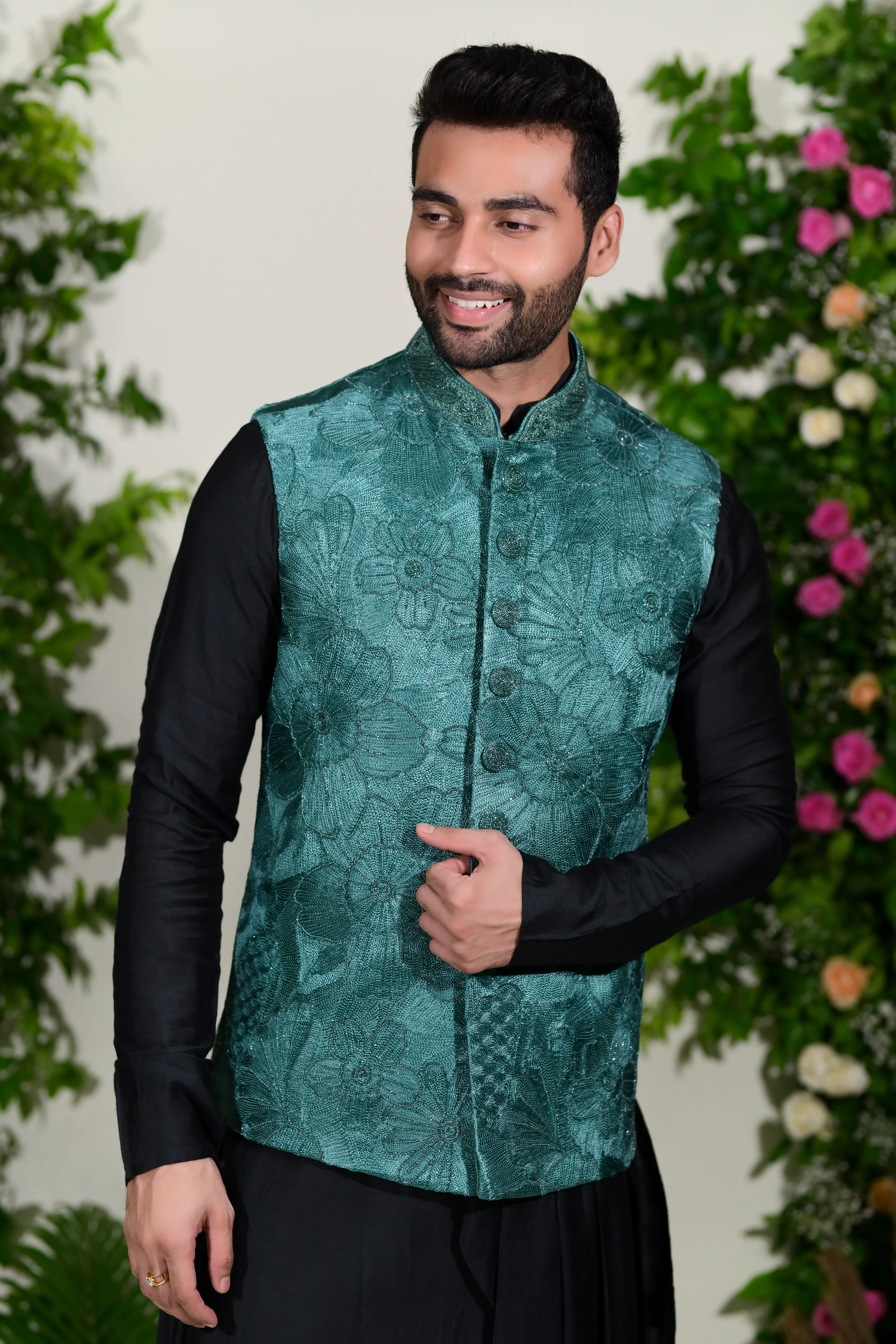 Sea green jacket set in resham and zardoshi work  with modern cuts