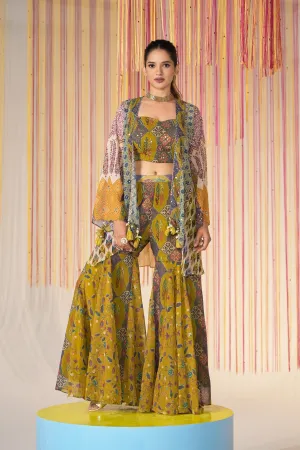 Sheen Green Printed Organza Silk Cape Set