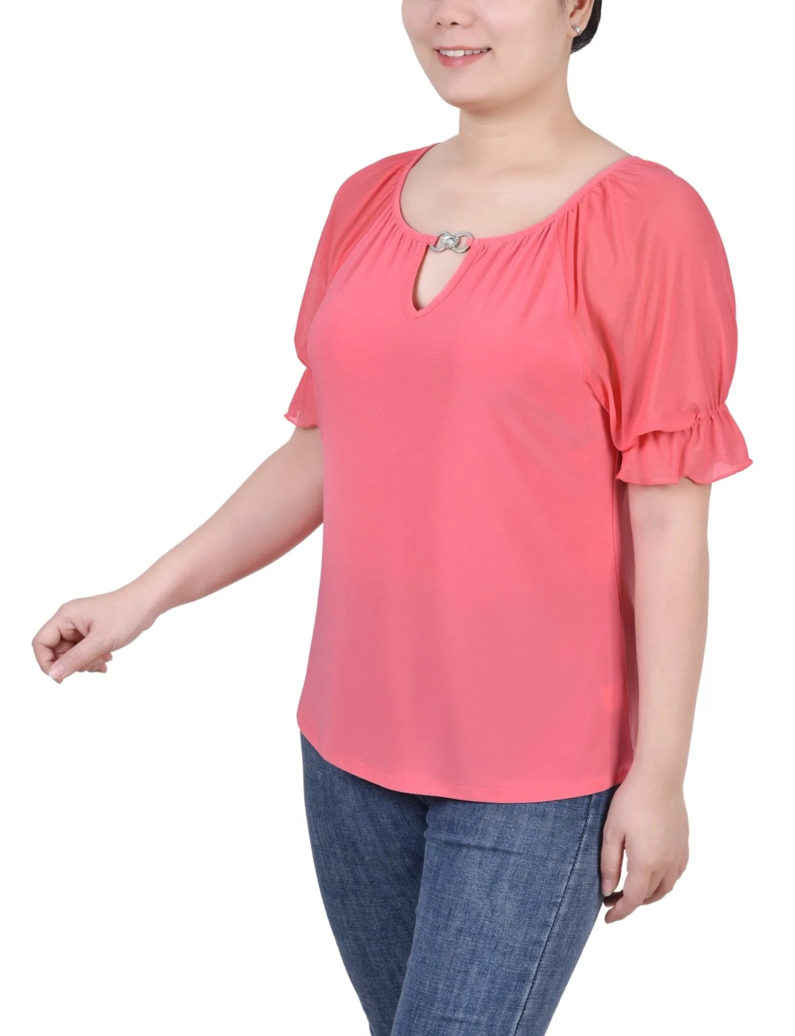 Short Ruffle Sleeve Top With Rhinestones - Petite