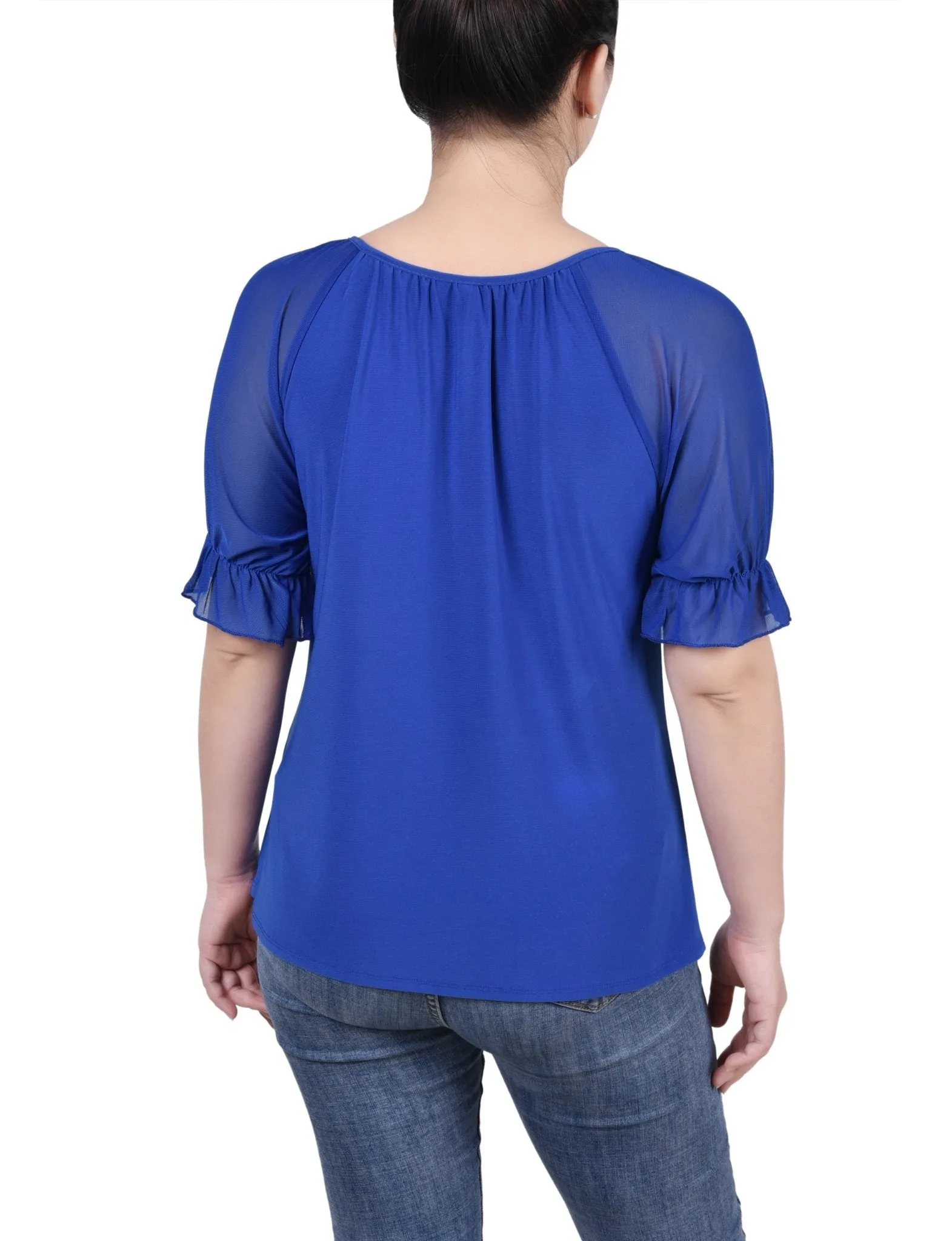 Short Ruffle Sleeve Top With Rhinestones - Petite