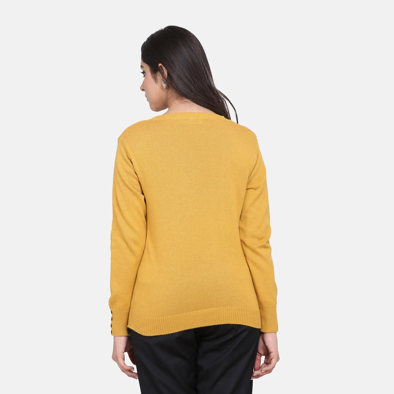 Solid Mustard Yellow Casual Women Cotton Pullover 