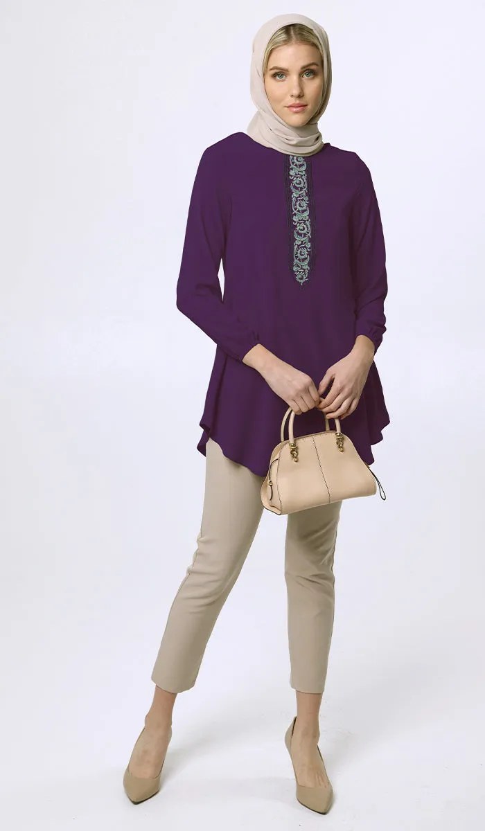 Suroor Embroidered Long Modest Tunic - Dark Purple