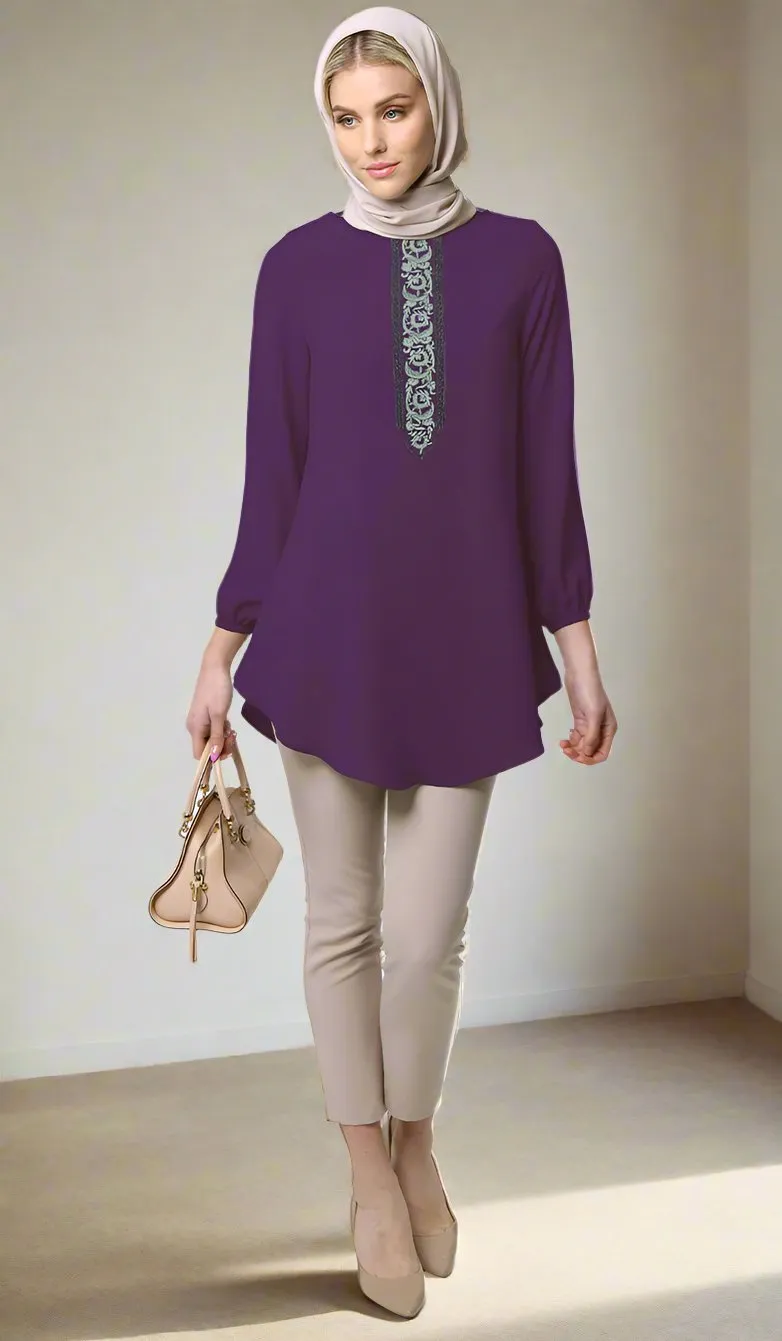 Suroor Embroidered Long Modest Tunic - Dark Purple