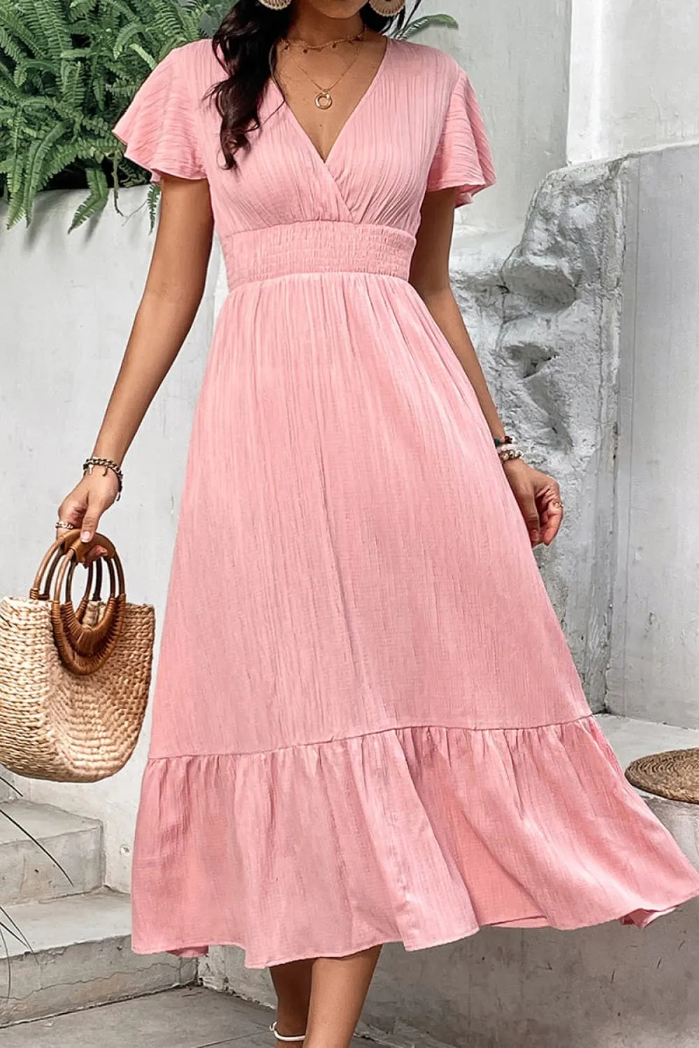 Surplice Neck Smocked Waist Flutter Sleeve Dress