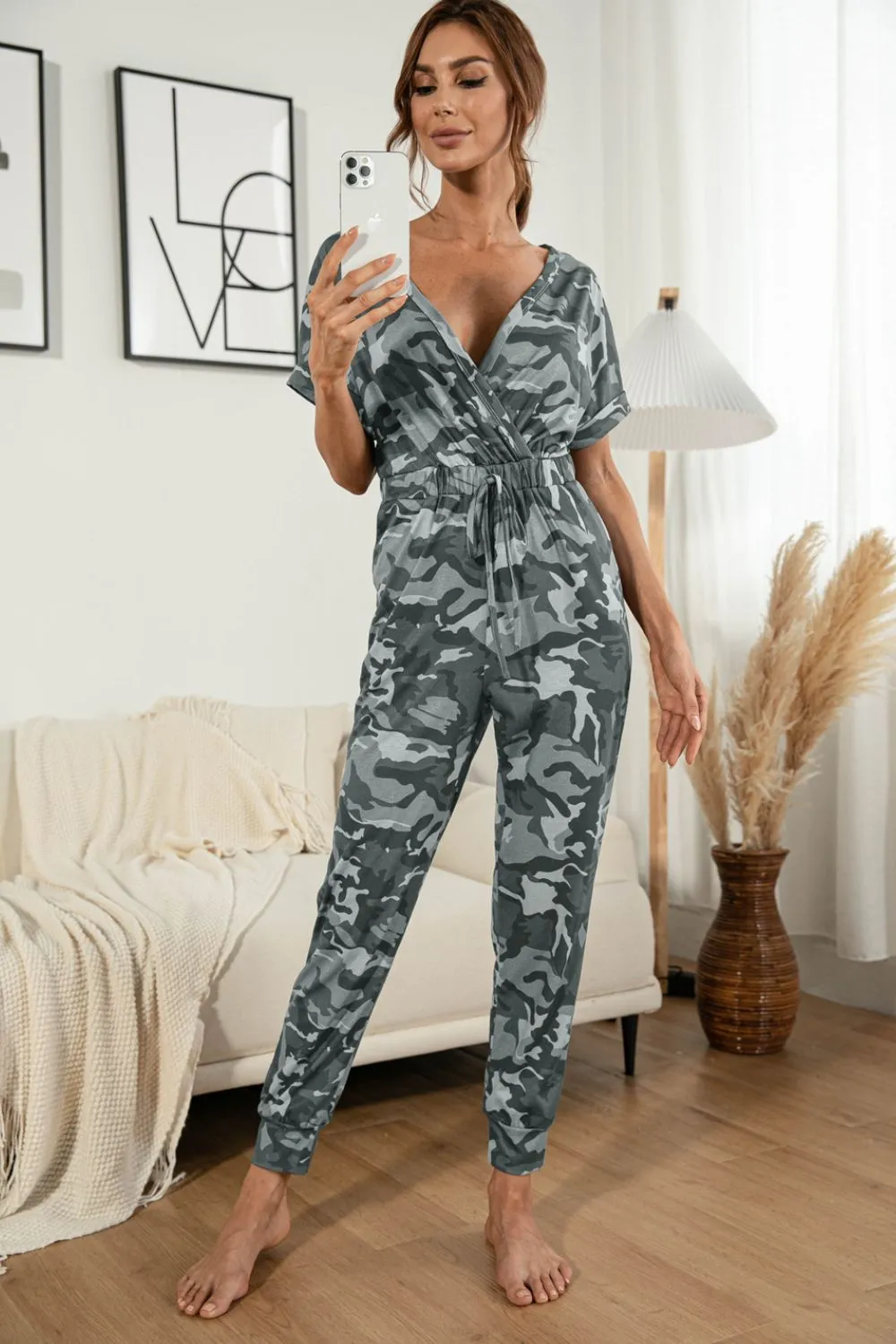 Surplice Neck Tied Short Sleeve Jumpsuit