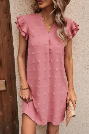 Swiss Dot Notched Neck Flutter Sleeve Dress