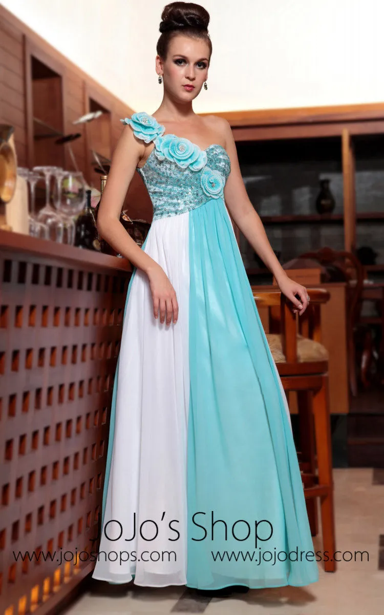 Turquoise and White One Shoulder Prom Formal Evening Dress